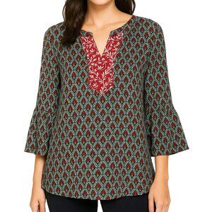 Loft  Light Geometric Floral Tunic Top with Bell Sleeves and Split V Neckline
